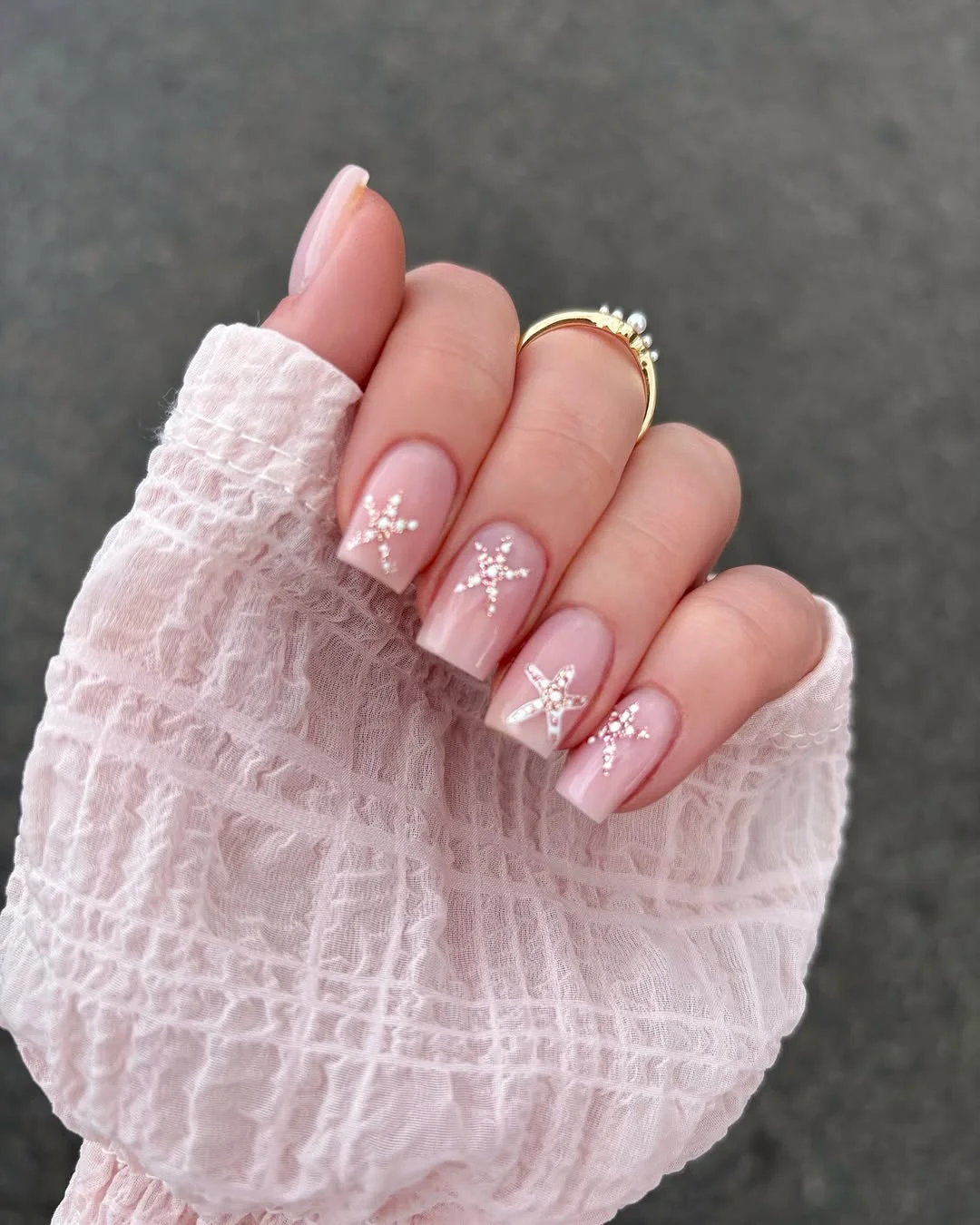 starfish summer nails 2026 Soft Square Pink Nails With Silver Starfish Sparkle