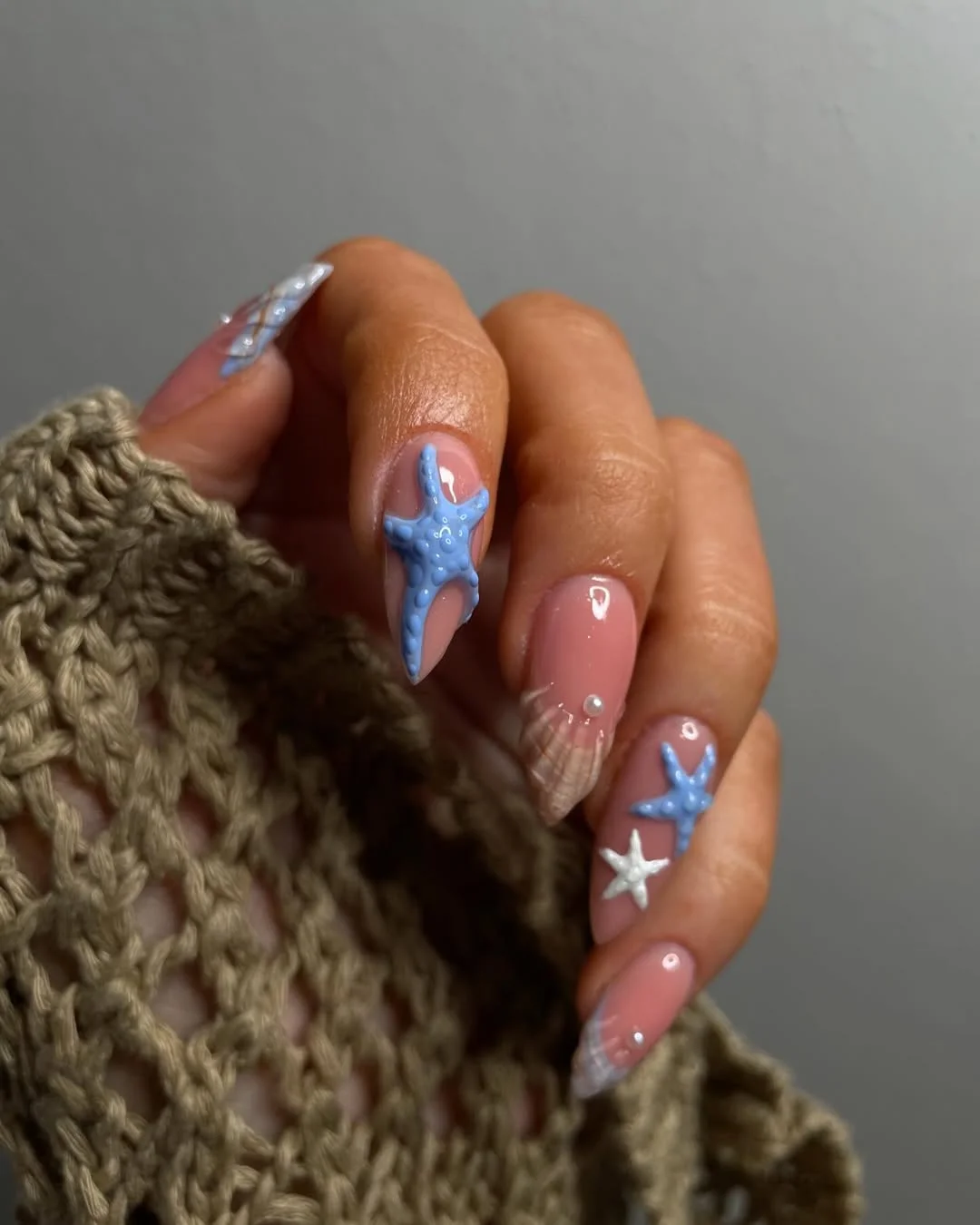 starfish summer nails 2026 Blue 3D Starfish Almond Nails With Shell Tips
