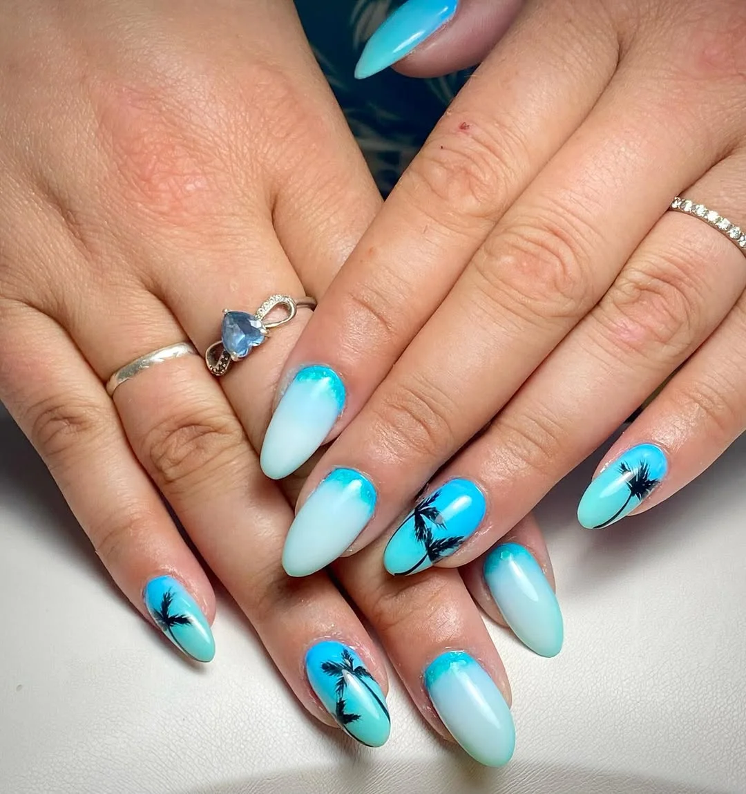 summer oval nails 2026 Tropical Blue Oval Nails With Palm Tree Art