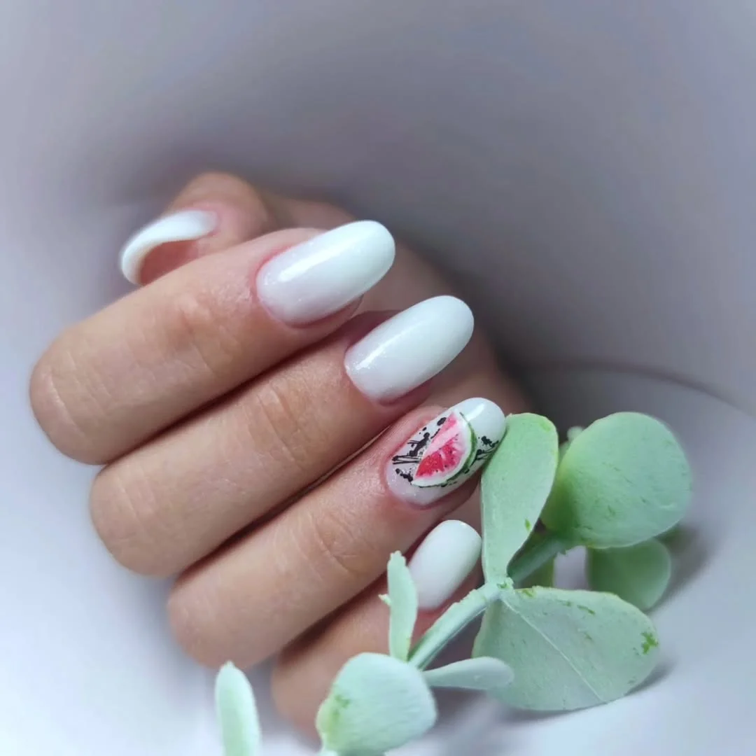 summer oval nails 2026 White Oval Nails With A Watermelon Accent