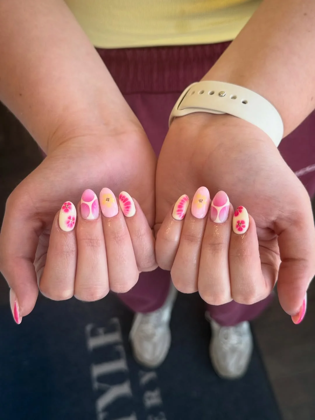 summer oval nails 2026 Pink Citrus Oval Nails With Soft Floral Details