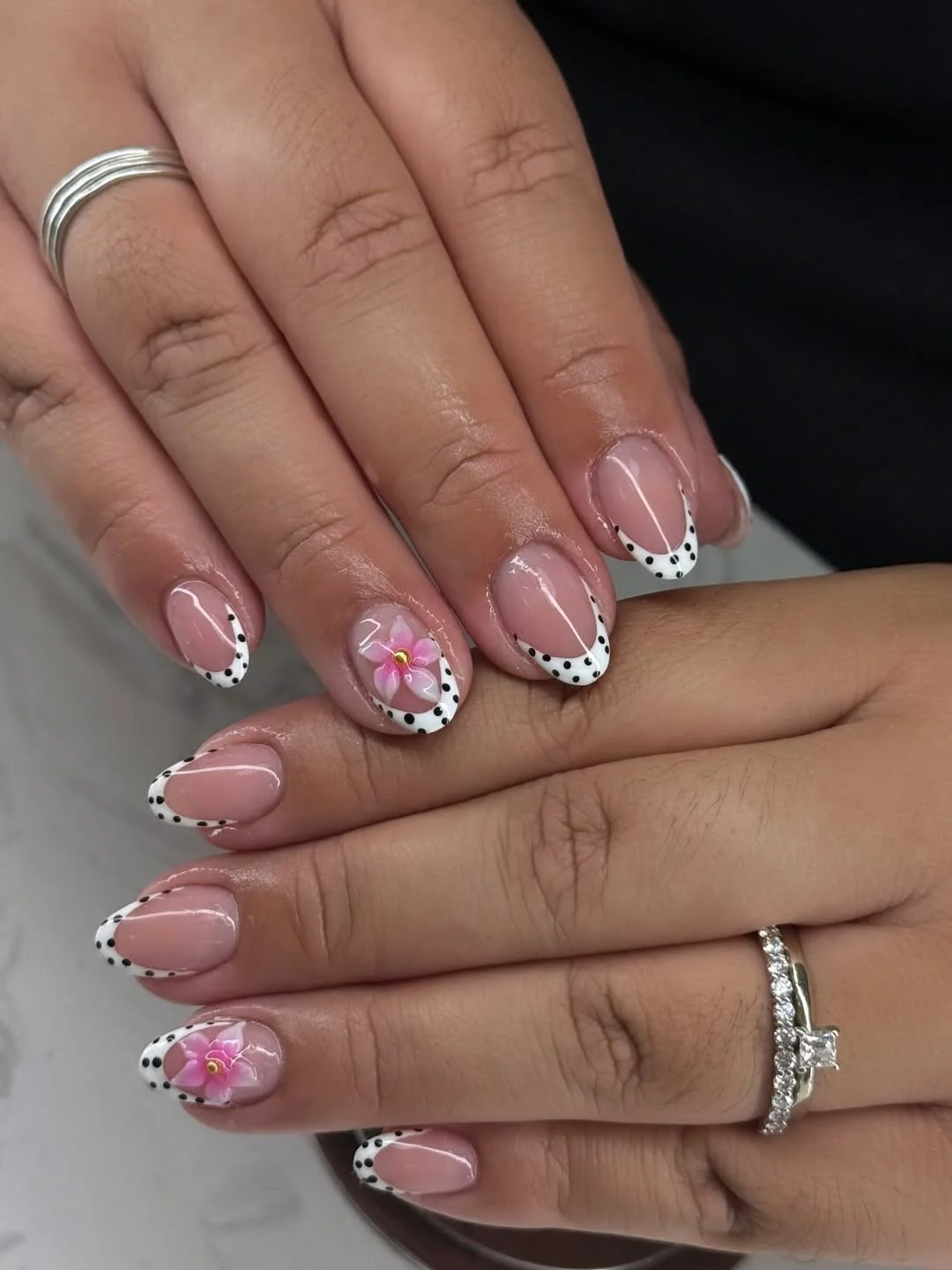 summer oval nails 2026 Short Oval French Tips With Polka Dots And Pink Flowers