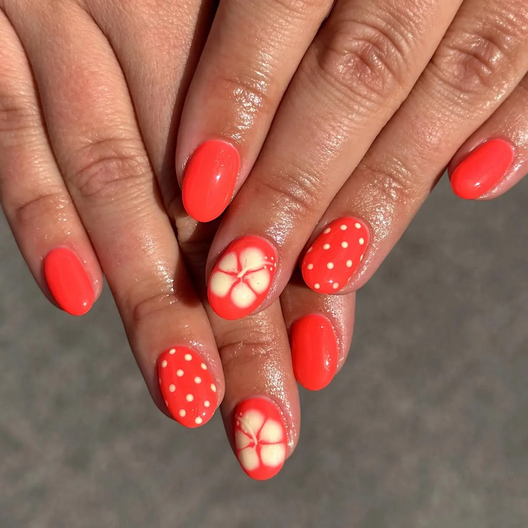 summer oval nails 2026 Coral Red Oval Nails With Polka Dots And Creamy Flowers
