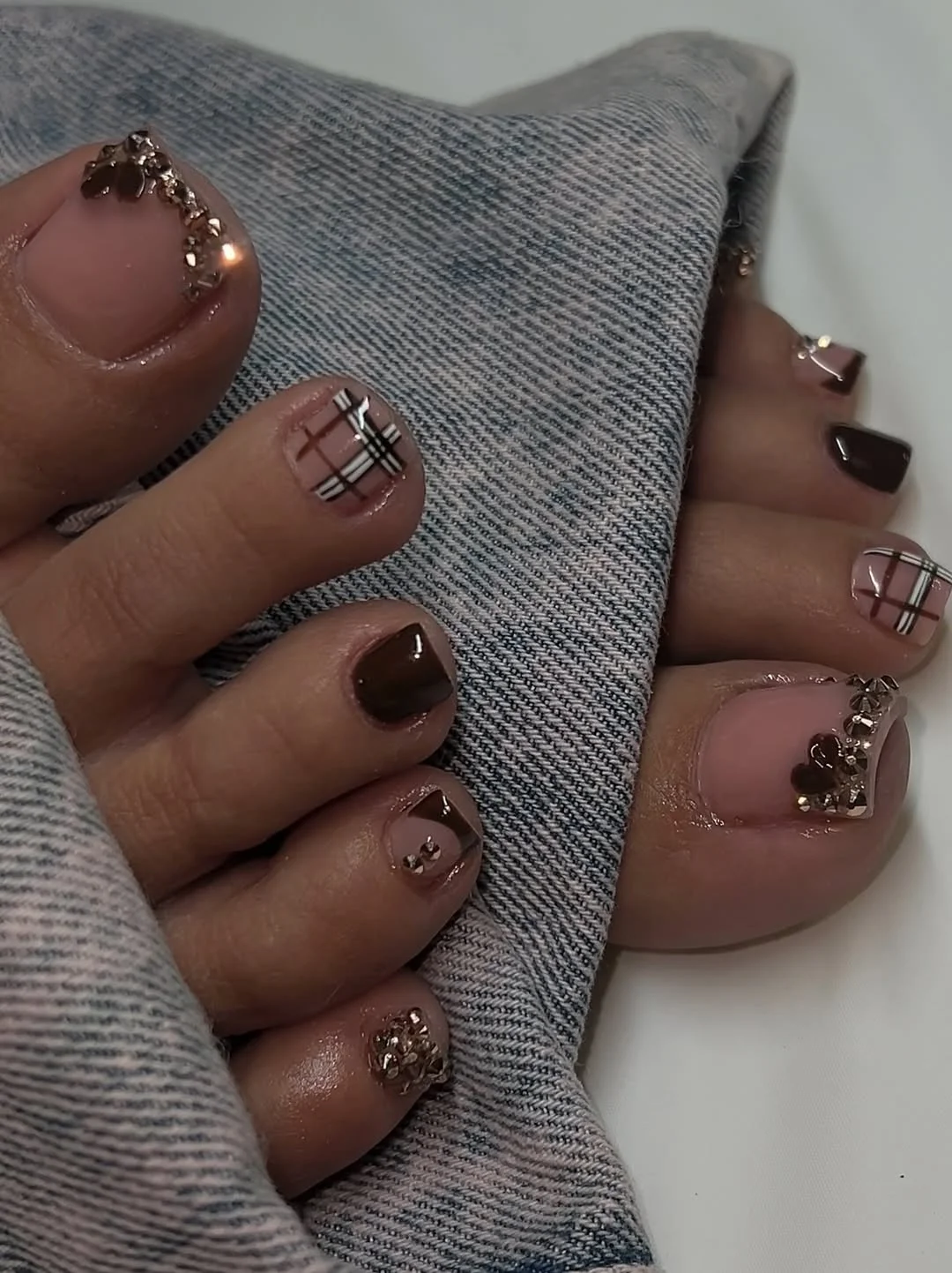 summer toe nails design ideas 2026 Chocolate Plaid Pedicure With Crystal-Tipped Drama
