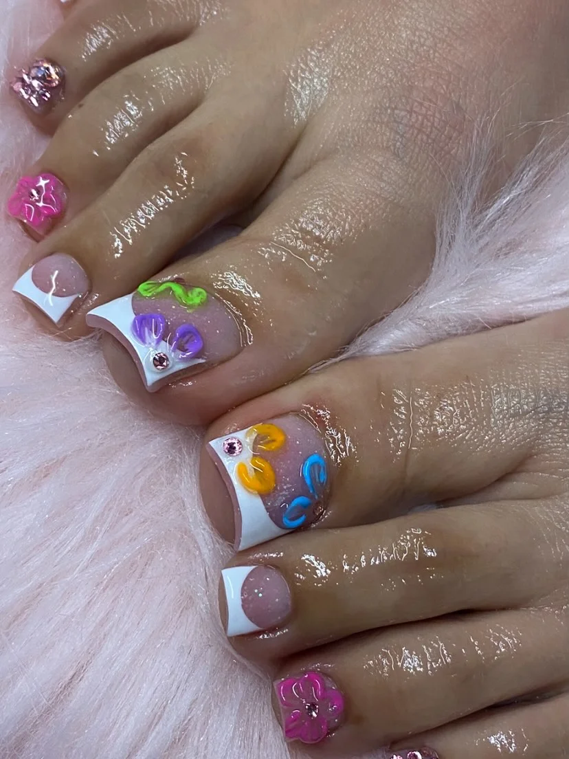 summer white french toes 2026 Playful White French Toes With Colorful 3D Flowers